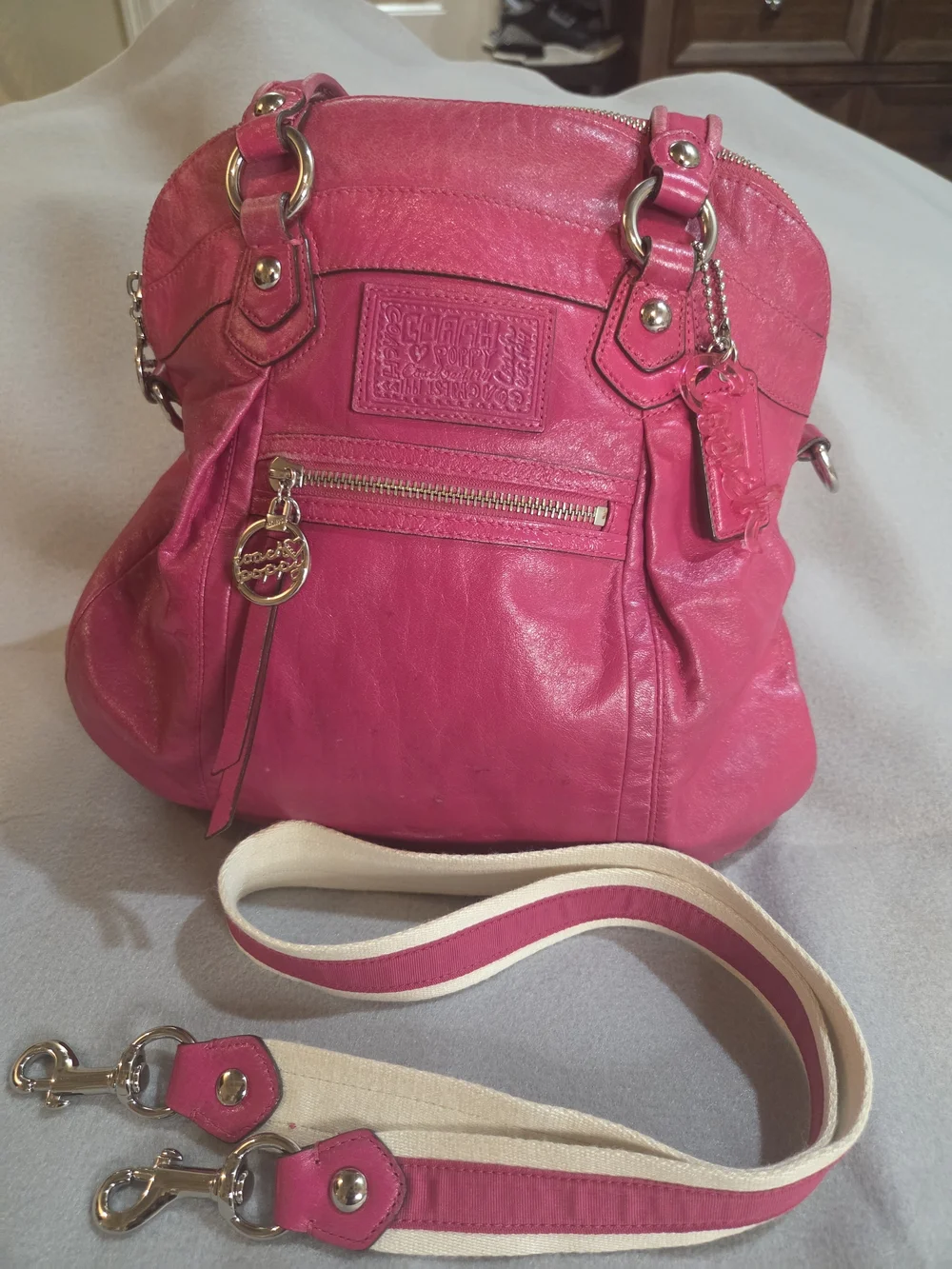 Coach Hot Pink Leather Poppy Shoulder Bag with Leather Patch